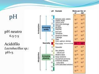 pH

pH neutro
   6.5-7.5

Acidófilo
Lactobacillus sp.:
pH<5
 