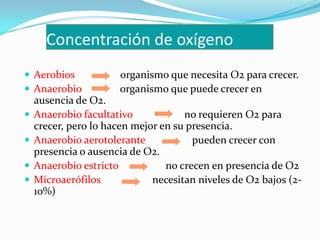 Concentración de oxígeno
 Aerobios            organismo que necesita O2 para crecer.
 Anaerobio           organismo que puede crecer en
    ausencia de O2.
   Anaerobio facultativo            no requieren O2 para
    crecer, pero lo hacen mejor en su presencia.
   Anaerobio aerotolerante            pueden crecer con
    presencia o ausencia de O2.
   Anaerobio estricto           no crecen en presencia de O2
   Microaerófilos            necesitan niveles de O2 bajos (2-
    10%)
 