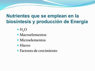 Nutrientes que se emplean en la
biosíntesis y producción de Energía
     H2O
     Macroelementos
     Microelementos
     Hierro
     Factores de crecimiento
 