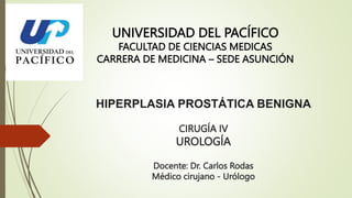 HIPERPLASIA PROSTÁTICA BENIGNA
CIRUGÍA IV
UROLOGÍA
Docente: Dr. Carlos Rodas
Médico cirujano - Urólogo
UNIVERSIDAD DEL PACÍFICO
FACULTAD DE CIENCIAS MEDICAS
CARRERA DE MEDICINA – SEDE ASUNCIÓN
 