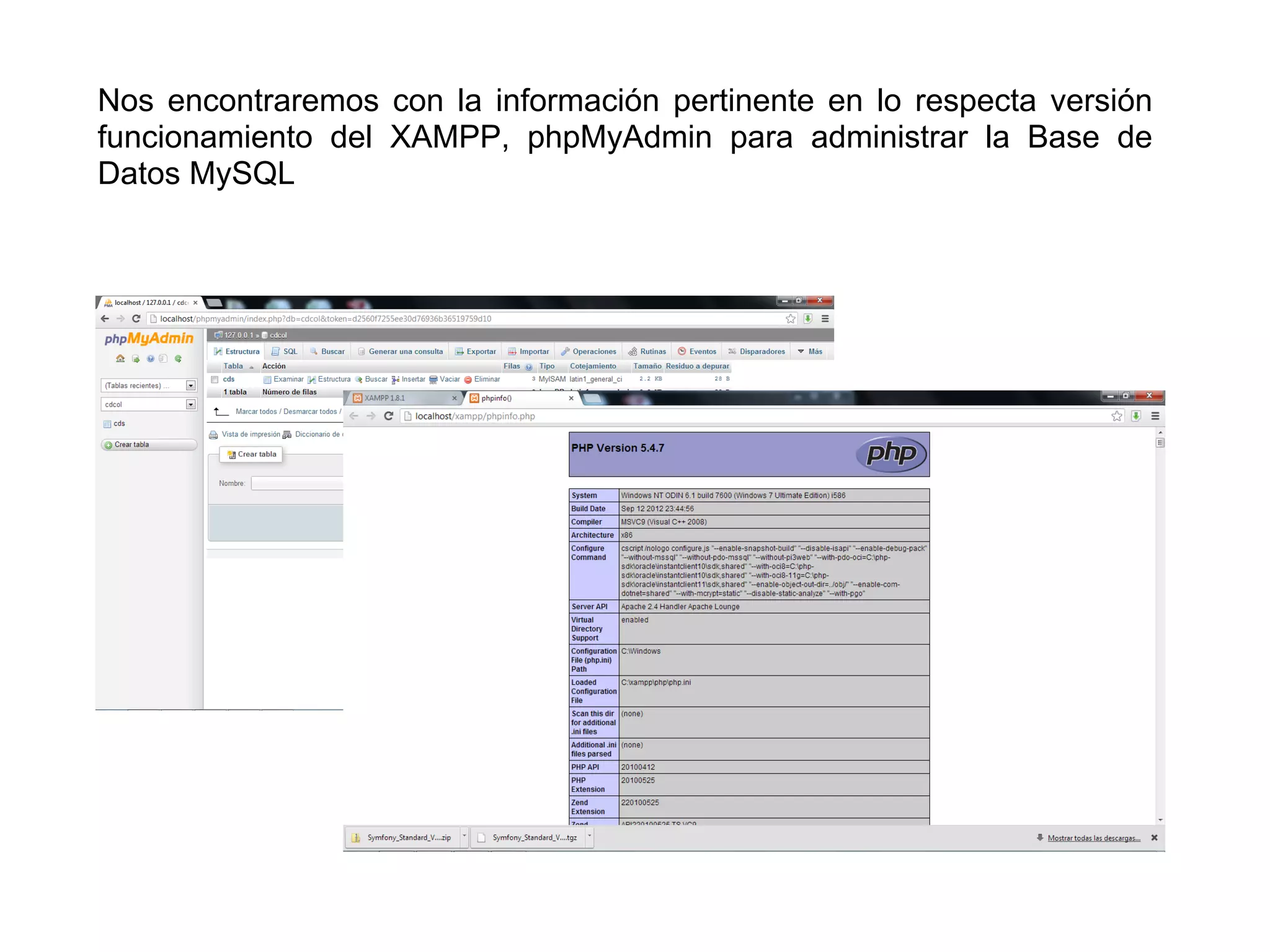 Nos encontraremos con la información pertinente en lo respecta versión
funcionamiento del XAMPP, phpMyAdmin para administrar la Base de
Datos MySQL
 