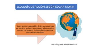 ECOLOGÍA DE ACCIÓN SEGÚN EDGAR MORIN
Todos somos responsables de las consecuencias
de nuestras acciones u omisiones sobre nosotros
mismos y el entorno, independientemente de
nuestra intencionalidad.
http://blog.pucp.edu.pe/item/5227
 