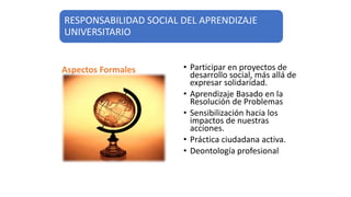 RESPONSABILIDAD SOCIAL DEL APRENDIZAJE
UNIVERSITARIO
Aspectos Formales • Participar en proyectos de
desarrollo social, más allá de
expresar solidaridad.
• Aprendizaje Basado en la
Resolución de Problemas
• Sensibilización hacia los
impactos de nuestras
acciones.
• Práctica ciudadana activa.
• Deontología profesional
 
