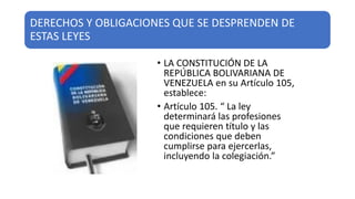 DERECHOS Y OBLIGACIONES QUE SE DESPRENDEN DE
ESTAS LEYES
• LA CONSTITUCIÓN DE LA
REPÚBLICA BOLIVARIANA DE
VENEZUELA en su Artículo 105,
establece:
• Artículo 105. “ La ley
determinará las profesiones
que requieren título y las
condiciones que deben
cumplirse para ejercerlas,
incluyendo la colegiación.”
 