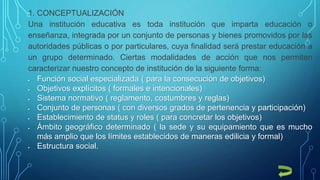 1. CONCEPTUALIZACIÓN
Una institución educativa es toda institución que imparta educación o
enseñanza, integrada por un conjunto de personas y bienes promovidos por las
autoridades públicas o por particulares, cuya finalidad será prestar educación a
un grupo determinado. Ciertas modalidades de acción que nos permiten
caracterizar nuestro concepto de institución de la siguiente forma:
 Función social especializada ( para la consecución de objetivos)
 Objetivos explícitos ( formales e intencionales)
 Sistema normativo ( reglamento, costumbres y reglas)
 Conjunto de personas ( con diversos grados de pertenencia y participación)
 Establecimiento de status y roles ( para concretar los objetivos)
 Ámbito geográfico determinado ( la sede y su equipamiento que es mucho
más amplio que los límites establecidos de maneras edilicia y formal)
 Estructura social.
 