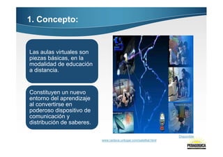 1. Concepto:


Las aulas virtuales son
piezas básicas, en la
modalidad de educación
a distancia.


Constituyen un nuevo
entorno del aprendizaje
al convertirse en
poderoso dispositivo de
comunicación y
distribución de saberes.

                           Fuente: Imágenes obtenidas de Internet. Disponible en: Disponible en:
                           <www.cedece.unlugar.com/satelital.html>. Citado el 25/2/09.
 