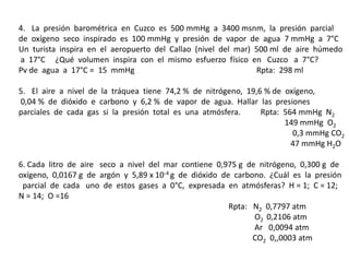 4. La presión barométrica en Cuzco es 500 mmHg a 3400 msnm, la presión parcial
de oxígeno seco inspirado es 100 mmHg y presión de vapor de agua 7 mmHg a 7°C
Un turista inspira en el aeropuerto del Callao (nivel del mar) 500 ml de aire húmedo
a 17°C ¿Qué volumen inspira con el mismo esfuerzo físico en Cuzco a 7°C?
Pv de agua a 17°C = 15 mmHg Rpta: 298 ml
5. El aire a nivel de la tráquea tiene 74,2 % de nitrógeno, 19,6 % de oxígeno,
0,04 % de dióxido e carbono y 6,2 % de vapor de agua. Hallar las presiones
parciales de cada gas si la presión total es una atmósfera. Rpta: 564 mmHg N2
149 mmHg O2
0,3 mmHg CO2
47 mmHg H2O
6. Cada litro de aire seco a nivel del mar contiene 0,975 g de nitrógeno, 0,300 g de
oxígeno, 0,0167 g de argón y 5,89 x 10-4 g de dióxido de carbono. ¿Cuál es la presión
parcial de cada uno de estos gases a 0°C, expresada en atmósferas? H = 1; C = 12;
N = 14; O =16
Rpta: N2 0,7797 atm
O2 0,2106 atm
Ar 0,0094 atm
CO2 0,,0003 atm
 