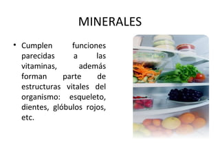 MINERALES
• Cumplen       funciones
  parecidas      a     las
  vitaminas,       además
  forman      parte    de
  estructuras vitales del
  organismo: esqueleto,
  dientes, glóbulos rojos,
  etc.
 