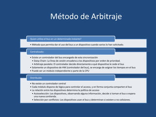 Método de Arbitraje

Quien utiliza el bus en un determinado instante?

• Método que permita dar el uso del bus a un dispositivo cuando varios lo han solicitado.

Centralizado:

• Existe un controlador del bus encargado de esta sincronización
  • Daisy Chain: La línea de cesión encadena a los dispositivos por orden de prioridad.
  • Arbitraje paralelo: El controlador decide directamente a qué dispositivo le cede el bus
• Solamente un dispositivo de HW (controlador del bus), se encarga de asignar los tiempos en el bus
• Puede ser un módulo independiente o parte de la CPU

Distribuido

• No existe un controlador central
• Cada módulo dispone de lógica para controlar el acceso, y en forma conjunta comparten el bus
• La relación entre los dispositivos determina la política de acceso
  • Autoselección: Los dispositivos, observando alguna información, decide si toman el bus o espera
    una nueva contienda.
  • Selección por conflictos: Los dispositivos usan el bus y determinan si existen o no colisiones.
 