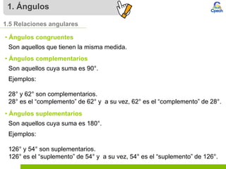 1. Ángulos
Son aquellos que tienen la misma medida.
1.5 Relaciones angulares
• Ángulos congruentes
Son aquellos cuya suma es 90°.
• Ángulos complementarios
Ejemplos:
28° y 62° son complementarios.
28° es el “complemento” de 62° y a su vez, 62° es el “complemento” de 28°.
Son aquellos cuya suma es 180°.
• Ángulos suplementarios
Ejemplos:
126° y 54° son suplementarios.
126° es el “suplemento” de 54° y a su vez, 54° es el “suplemento” de 126°.
 