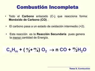 Combustión Incompleta
• Todo el Carbono enlazado (C-) que reacciona forma:
Monóxido de Carbono (CO) .
• Esta reacción es la Reacción Secundaria pues genera
la menor cantidad de Energía.
• El carbono pasa a un estado de oxidación intermedio (+2).
Tema 5. Combustión
CnHm + ( + ) O2  n CO + H2O
4
m
2
n
2
m
 