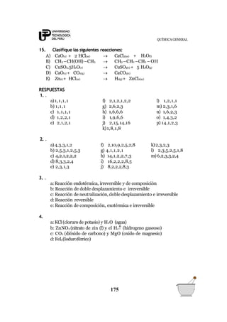 QUÍMICA GENERAL
175
15. Clasifique las siguientes reacciones:
A) CaO(s) + 2 HCl(ac)  CaCl2(ac) + H2O(l)
B) CH3 –CH(OH) –CH3  CH3 –CH2 –CH2 – OH
C) CuSO4.5H2O(s)  CuSO4(s) + 5 H2O(g)
D) CaO(s) + CO2(g)  CaCO3(s)
E) Zn(s) + HCl(ac)  H2(g) + ZnCl2(ac)
RESPUESTAS
1. .
a)1,1,1,1 f) 2,1,2,1,2,2 l) 1,2,1,1
b) 1,1,1
c) 1,1,1,1
d) 1,2,2,1
e) 2,1,2,1
g) 2,6,2,3
h) 1,6,6,6
i) 1,9,6,6
j) 2,15,14,16
k)1,8,1,8
m) 2,3,1,6
n) 1,6,2,3
o) 1,4,3,2
p) 14,1,2,3
2. .
a)4,3,3,1,2 f) 2,10,9,2,5,2,8 k)2,3,2,3
b) 2,5,3,1,2,5,3
c) 4,2,1,2,2,2
d) 8,3,3,2,4
e) 2,3,1,3
g) 4,1,1,2,1
h) 14,1,2,2,7,3
i) 16,2,2,2,8,5
j) 8,2,2,2,8,3
l) 2,3,5,2,5,1,8
m)6,2,3,3,2,4
3. .
a: Reacción endotérmica, irreversible y de composición
b: Reacción de doble desplazamiento e irreversible
c: Reacción de neutralización, doble desplazamiento e irreversible
d: Reacción reversible
e: Reacción de composición, exotérmica e irreversible
4.
a: KCl (clorurode potasio) y H2O (agua)
b: ZnNO3 (nitrato de zin (l) y el H2 (hidrogeno gaseoso)
c: CO2 (dióxido de carbono) y MgO (oxido de magnesio)
d: FeI3(Ioduroférrico)
 