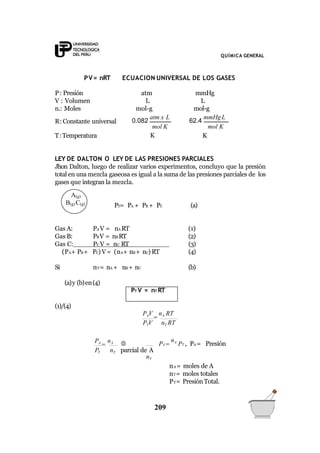 QUÍMICA GENERAL
PV= nRT ECUACION UNIVERSAL DE LOS GASES
P: Presión atm mmHg
V : Volumen L L
n.: Moles mol-g mol-g
R: Constante universal 0.082
atm x L
mol K
62.4
mmHgL
T:Temperatura
mol K
K K
PT= PA + PB + PC (a)
Gas A:
Gas B:
PA V = nA RT
PBV = nBRT
Gas C: PC V = nC RT
(PA+ PB+ PC) V= (nA+ nB+ nC) RT
(1)
(2)
(3)
(4)
Si nT= nA + nB+ nC (b)
(a)y (b)en(4)
PT V = nT RT
(1)/(4)
PAV

nA RT
PTV nT RT
PA

nA
PT nT
 PA 
nA
PT , PA = Presión
parcial de A
nT
nA= moles de A
nT= moles totales
PT= PresiónTotal.
LEY DE DALTON O LEY DE LAS PRESIONES PARCIALES
Jhon Dalton, luego de realizar varios experimentos, concluyo que la presión
total en una mezcla gaseosa es igual a la suma de las presiones parciales de los
gases que integran la mezcla.
A(g)
209
B(g) C(g)
 