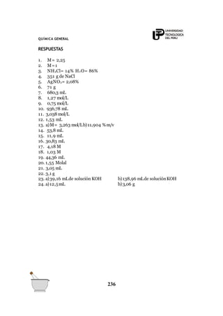 QUÍMICA GENERAL
RESPUESTAS
1. M= 2,25
2. M=1
3. NH4Cl= 14% H2O= 86%
4. 351 g de NaCl
5. AgNO3= 2,08%
6. 71 g
7. 680,3 mL
8. 1,27 mol/L
9. 0,75 mol/L
10. 936,78 mL
11. 3,038 mol/L
12. 1,53 mL
13. a)M= 3,263 mol/Lb)11,904 %m/v
14. 53,8 mL
15. 11,9 mL
16. 30,83 mL
17. 4,18 M
18. 1,03 M
19. 44,36 mL
20. 1,55 Molal
21. 3,05 mL
22. 3,1 g
236
b)138,96 mLde soluciónKOH23. a)39,16 mLde solución KOH
24. a)12,5mL b)3,06 g
 