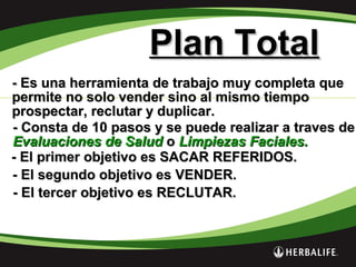 Plan TotalPlan Total
- Es una herramienta de trabajo muy completa que- Es una herramienta de trabajo muy completa que
permite no solo vender sino al mismo tiempopermite no solo vender sino al mismo tiempo
prospectar, reclutar y duplicar.prospectar, reclutar y duplicar.
- Consta de 10 pasos y se puede realizar a traves de- Consta de 10 pasos y se puede realizar a traves de
Evaluaciones de SaludEvaluaciones de Salud oo Limpiezas Faciales.Limpiezas Faciales.
- El primer objetivo es SACAR REFERIDOS.- El primer objetivo es SACAR REFERIDOS.
- El segundo objetivo es VENDER.- El segundo objetivo es VENDER.
- El tercer objetivo es RECLUTAR.- El tercer objetivo es RECLUTAR.
 