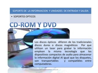 SOPORTE DE LA INFORMACION Y UNIDADES DE ENTRADA Y SALIDA

• SOPORTES OPTICOS




                 Los discos ópticos difieren de los tradicionales
                 discos duros o discos magnéticos Por que
                 utilizan un laser para grabar la información
                 emplean la misma tecnología que los
                 dispositivos compactos de audio para almacenar
                 la información digital Al igual que los disquetes,
                 son transportables         y compatibles entre
                 computadoras.
                     LIC. RUDY CUENCA SARZURI
 