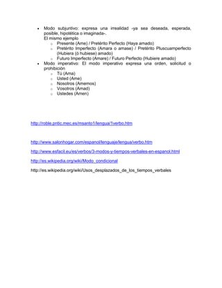 Modo subjuntivo: expresa una irrealidad -ya sea deseada, esperada,
      posible, hipotética o imaginada-.
      El mismo ejemplo
         o Presente (Ame) / Pretérito Perfecto (Haya amado)
         o Pretérito Imperfecto (Amara o amase) / Pretérito Pluscuamperfecto
             (Hubiera (ó hubiese) amado)
         o Futuro Imperfecto (Amare) / Futuro Perfecto (Hubiere amado)
      Modo imperativo: El modo imperativo expresa una orden, solicitud o
      prohibición
         o Tú (Ama)
         o Usted (Ame)
         o Nosotros (Amemos)
         o Vosotros (Amad)
         o Ustedes (Amen)




http://roble.pntic.mec.es/msanto1/lengua/1verbo.htm



http://www.salonhogar.com/espanol/lenguaje/lengua/verbo.htm

http://www.esfacil.eu/es/verbos/3-modos-y-tiempos-verbales-en-espanol.html

http://es.wikipedia.org/wiki/Modo_condicional

http://es.wikipedia.org/wiki/Usos_desplazados_de_los_tiempos_verbales
 