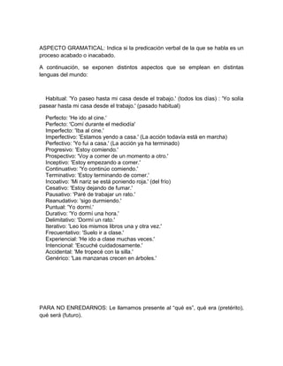 ASPECTO GRAMATICAL: Indica si la predicación verbal de la que se habla es un
proceso acabado o inacabado.

A continuación, se exponen distintos aspectos que se emplean en distintas
lenguas del mundo:



  Habitual: 'Yo paseo hasta mi casa desde el trabajo.' (todos los días) : 'Yo solía
pasear hasta mi casa desde el trabajo.' (pasado habitual)

  Perfecto: 'He ido al cine.'
  Perfecto: 'Comí durante el mediodía'
  Imperfecto: 'Iba al cine.'
  Imperfectivo: 'Estamos yendo a casa.' (La acción todavía está en marcha)
  Perfectivo: 'Yo fui a casa.' (La acción ya ha terminado)
  Progresivo: 'Estoy comiendo.'
  Prospectivo: 'Voy a comer de un momento a otro.'
  Inceptivo: 'Estoy empezando a comer.'
  Continuativo: 'Yo continúo comiendo.'
  Terminativo: 'Estoy terminando de comer.'
  Incoativo: 'Mi nariz se está poniendo roja.' (del frío)
  Cesativo: 'Estoy dejando de fumar.'
  Pausativo: 'Paré de trabajar un rato.'
  Reanudativo: 'sigo durmiendo.'
  Puntual: 'Yo dormí.'
  Durativo: 'Yo dormí una hora.'
  Delimitativo: 'Dormí un rato.'
  Iterativo: 'Leo los mismos libros una y otra vez.'
  Frecuentativo: 'Suelo ir a clase.'
  Experiencial: 'He ido a clase muchas veces.'
  Intencional: 'Escuché cuidadosamente.'
  Accidental: 'Me tropecé con la silla.'
  Genérico: 'Las manzanas crecen en árboles.'




PARA NO ENREDARNOS: Le llamamos presente al “qué es”, qué era (pretérito),
qué será (futuro).
 