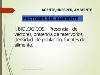 FACTORES DEL AMBIENTE
I. BIOLOGICOS: Presencia de
vectores, presencia de reservorios,
densidad de población, fuentes de
alimento.
Adalberto Pizarro Enfermero MN 50305
 