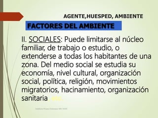 Adalberto Pizarro Enfermero MN 50305
II. SOCIALES: Puede limitarse al núcleo
familiar, de trabajo o estudio, o
extenderse a todas los habitantes de una
zona. Del medio social se estudia su
economía, nivel cultural, organización
social, política, religión, movimientos
migratorios, hacinamiento, organización
sanitaria, etc.
 