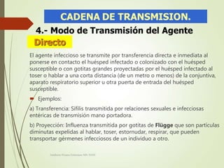 El agente infeccioso se transmite por transferencia directa e inmediata al
ponerse en contacto el huésped infectado o colonizado con el huésped
susceptible o con gotitas grandes proyectadas por el huésped infectado al
toser o hablar a una corta distancia (de un metro o menos) de la conjuntiva,
aparato respiratorio superior u otra puerta de entrada del huésped
susceptible.
 Ejemplos:
a) Transferencia: Sífilis transmitida por relaciones sexuales e infecciosas
entéricas de transmisión mano portadora.
b) Proyección: Influenza transmitida por gotitas de Flügge que son partículas
diminutas expelidas al hablar, toser, estornudar, respirar, que pueden
transportar gérmenes infecciosos de un individuo a otro.
Adalberto Pizarro Enfermero MN 50305
 