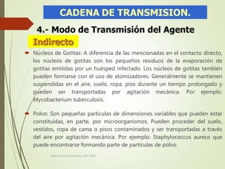 Núcleos de Gotitas: A diferencia de las mencionadas en el contacto directo,
los núcleos de gotitas son los pequeños residuos de la evaporación de
gotitas emitidas por un huésped infectado. Los núcleos de gotitas también
pueden formarse con el uso de atomizadores. Generalmente se mantienen
suspendidas en el aire, suelo, ropa, piso durante un tiempo prolongado y
pueden ser transportadas por agitación mecánica. Por ejemplo:
Mycobacterium tuberculosis.
 Polvo: Son pequeñas partículas de dimensiones variables que pueden estar
constituidas, en parte, por microorganismos. Pueden proceder del suelo,
vestidos, ropa de cama o pisos contaminados y ser transportadas a través
del aire por agitación mecánica. Por ejemplo: Staphylococcus aureus que
puede encontrarse formando parte de partículas de polvo.
Adalberto Pizarro Enfermero MN 50305
 