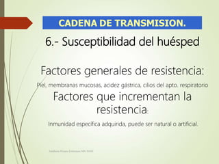 6.- Susceptibilidad del huésped
Factores generales de resistencia:
Piel, membranas mucosas, acidez gástrica, cilios del apto. respiratorio
Factores que incrementan la
resistencia:
Inmunidad específica adquirida, puede ser natural o artificial.
Adalberto Pizarro Enfermero MN 50305
 