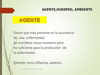AGENTE,HUESPED, AMBIENTE
Factor que esta presente en la ocurrencia
de una enfermedad.
Se considera causa necesaria pero
no suficiente para la producciòn de
la enfermedad.
Ejemplo: virus influenza, asbesto,
AGENTE
Adalberto Pizarro Enfermero MN 50305
 