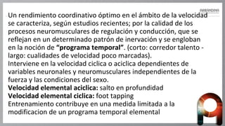 Un rendimiento coordinativo óptimo en el ámbito de la velocidad
se caracteriza, según estudios recientes; por la calidad de los
procesos neuromusculares de regulación y conducción, que se
reflejan en un determinado patrón de inervación y se engloban
en la noción de “programa temporal”. (corto: corredor talento -
largo: cualidades de velocidad poco marcadas).
Interviene en la velocidad ciclica o aciclica dependientes de
variables neuronales y neuromusculares independientes de la
fuerza y las condiciones del sexo.
Velocidad elemental aciclica: salto en profundidad
Velocidad elemental ciclica: foot tapping
Entrenamiento contribuye en una medida limitada a la
modificacion de un programa temporal elemental
 