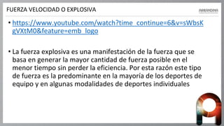 • https://www.youtube.com/watch?time_continue=6&v=sWbsK
gVXtM0&feature=emb_logo
• La fuerza explosiva es una manifestación de la fuerza que se
basa en generar la mayor cantidad de fuerza posible en el
menor tiempo sin perder la eficiencia. Por esta razón este tipo
de fuerza es la predominante en la mayoría de los deportes de
equipo y en algunas modalidades de deportes individuales
FUERZA VELOCIDAD O EXPLOSIVA
 