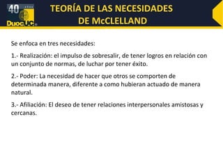 TEORÍA ERC Muestra que: 1.- Puede estar en operación más de una necesidad al mismo tiempo. 2.- Si se reprime la satisfacción de una necesidad de nivel superior, se incrementa el deseo de satisfacer una necesidad de nivel inferior. Cuando un nivel de necesidad de orden superior se ve frustrado, se incrementa el deseo del individuo de satisfacer la necesidad de un nivel inferior. La evidencia demuestra que la gente de otras culturas clasifica de manera diferente las categorías de necesidades -por ejemplo, los españoles y los japoneses colocan las necesidades sociales antes de sus exigencias fisiológicas. 