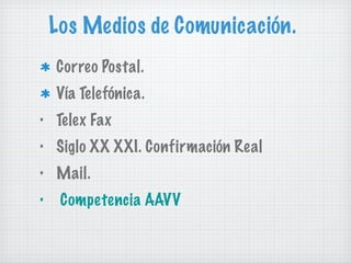 Los Medios de Comunicación. Correo Postal. Vía Telefónica. Telex Fax Siglo XX XXI. Confirmación Real Mail.  Competencia AAVV 