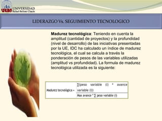 Madurez tecnológica : Teniendo en cuenta la amplitud (cantidad de proyectos) y la profundidad (nivel de desarrollo) de las iniciativas presentadas por la UE, IDC ha calculado un índice de madurez tecnológica, el cual se calcula a través la ponderación de pesos de las variables utilizadas (amplitud vs profundidad). La formula de madurez tecnológica utilizada es la siguiente:  