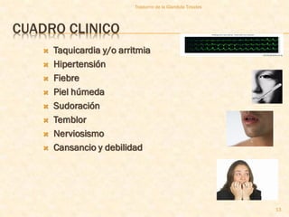 Trastorno de la Glandula Tiroides




CUADRO CLINICO
      Taquicardia y/o arritmia
      Hipertensión
      Fiebre
      Piel húmeda
      Sudoración
      Temblor
      Nerviosismo
      Cansancio y debilidad




                                                               13
 