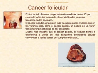 Trastorno de la Glandula Tiroides




El cáncer folicular es el responsable de alrededor de un 15 por
ciento de todas las formas de cáncer de tiroides y es más
frecuente en los ancianos.
El cáncer folicular es también más frecuente en las mujeres que en
los varones pero, como el cáncer papilar, un nódulo en un varón
tiene mayor probabilidad de ser canceroso
Mucho más maligno que el cáncer papilar, el folicular tiende a
extenderse a través del flujo sanguíneo difundiendo células
cancerosas a varias partes del cuerpo (metástasis).




                                                                50
 