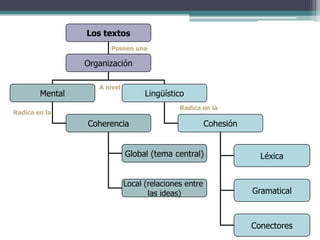 Los textos
Organización
Mental Lingüístico
Coherencia Cohesión
Global (tema central)
Local (relaciones entre
las ideas)
Léxica
Gramatical
A nivel
Radica en la
Radica en la
Conectores
Poseen una
 