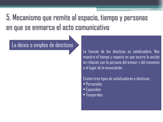 5. Mecanismo que remite al espacio, tiempo y personas
en que se enmarca el acto comunicativo
La deixis o empleo de deícticos
La función de los deícticos es señalizadora. Nos
muestra el tiempo y espacio en que ocurre la acción
en relación con la persona del emisor y del momento
o el lugar de la enunciación.
Existen tres tipos de señalizadores o deícticos:
• Personales
• Espaciales
• Temporales
 