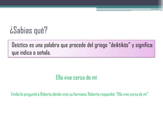¿Sabias qué?
Deíctico es una palabra que procede del griego "deiktikós" y significa:
que indica o señala.
Emilio le preguntó a Roberto dónde vivía su hermana. Roberto respondió: "Ella vive cerca de mí"
Ella vive cerca de mí
 