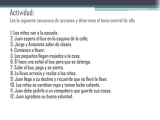 Actividad:
Lee la siguiente secuencia de acciones y determina el tema central de ella
1. Los niños van a la escuela.
2. Juan espera el bus en la esquina de la calle.
3. Jorge y Antonieta salen de clases.
4. Comienza a llover.
5. Los pequeños llegan mojados a la casa.
6. Él hace una señal al bus para que se detenga.
7. Sube al bus, paga y se sienta.
8. La lluvia arrecia y recibe a los niños.
9. Juan llega a su destino y recuerda que no llevó la llave.
10. Los niños se cambian ropa y toman leche caliente.
11. Juan debe pedirle a un compañero que guarde sus cosas.
12. Juan agradece su buena voluntad.
 
