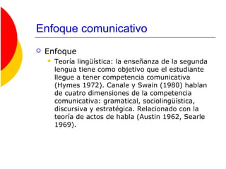 Enfoque comunicativo
 Enfoque
 Teoría lingüística: la enseñanza de la segunda
lengua tiene como objetivo que el estudiante
llegue a tener competencia comunicativa
(Hymes 1972). Canale y Swain (1980) hablan
de cuatro dimensiones de la competencia
comunicativa: gramatical, sociolingüística,
discursiva y estratégica. Relacionado con la
teoría de actos de habla (Austin 1962, Searle
1969).
 