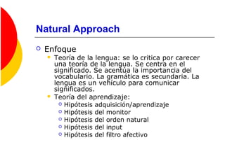Natural Approach
 Enfoque
 Teoría de la lengua: se lo critica por carecer
una teoría de la lengua. Se centra en el
significado. Se acentúa la importancia del
vocabulario. La gramática es secundaria. La
lengua es un vehículo para comunicar
significados.
 Teoría del aprendizaje:
 Hipótesis adquisición/aprendizaje
 Hipótesis del monitor
 Hipótesis del orden natural
 Hipótesis del input
 Hipótesis del filtro afectivo
 