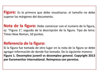 Figura: Es lo primero que debe visualizarse. el tamaño no debe
superar las márgenes del documento.
Nota de la figura: Debe comenzar con el numero de la figura,
ej: “Figura 1”, seguido de la descripción de la figura. Tipo de letra:
Times New Roman, 10 puntos.
Referencia de la figura:
Si la figura fue tomada de otro lugar en la nota de la figura se debe
agregar información de donde fue tomada. De la siguiente manera:
Figura 1. Desempleo juvenil vs desempleo general. Copyright 2013
por Euromonitor International. Reimpreso con permiso.
 