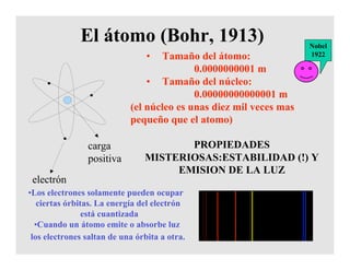 El átomo (Bohr, 1913)
electrón
carga
positiva
• Tamaño del átomo:
0.0000000001 m
• Tamaño del núcleo:
0.00000000000001 m
(el núcleo es unas diez mil veces mas
pequeño que el atomo)
Nobel
1922
PROPIEDADES
MISTERIOSAS:ESTABILIDAD (!) Y
EMISION DE LA LUZ
Gas
caliente
•Los electrones solamente pueden ocupar
ciertas órbitas. La energía del electrón
está cuantizada
•Cuando un átomo emite o absorbe luz
los electrones saltan de una órbita a otra.
 