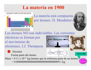 Los átomos NO son indivisibles. Las corrientes
eléctricas se forman por
el movimieno de
electrones. J.J. Thompson
La materia en 1900
La materia está compuesta
por átomos. D. Mendeleev
Nobel 1906
Electrón
Forma parte del átomo
Masa = 9.11 x 10-31 kg (menos que la milésima parte de un átomo)
= 0.000000000000000000000000000000911 kg
 