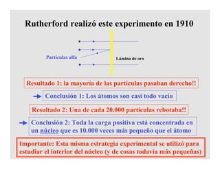 Resultado 1: la mayoría de las partículas pasaban derecho!!
Conclusión 1: Los átomos son casi todo vacío
Resultado 2: Una de cada 20.000 partículas rebotaba!!
Lámina de oroPartículas alfa
Rutherford realizó este experimento en 1910
Conclusión 2: Toda la carga positiva está concentrada en
un núcleo que es 10.000 veces más pequeño que el átomo
Importante: Esta misma estrategia experimental se utilizó para
estudiar el interior del núcleo (y de cosas todavía más pequeñas)
 
