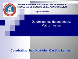 Determinantes de una matriz
Matriz Inversa
Catedrático: Ing. Noé Abel Castillo Lemus
UNIVERSIDAD MARIANO GALVEZ DE GUATEMALA
FACULCTAD DE CIENCIAS DE LA ADMINISTRACIÓN
Algebra Lineal
 