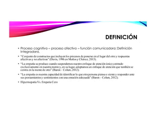 DEFINICIÓN
• Proceso cognitivo – proceso afectivo – función comunicadora: Definición
Integradora.
• “Conjunto de constructos que incluyen los procesos de ponerse en el lugar del otro y respuestas
afectivasy no afectivas” (Davis, 1996 en Moñosy Chávez, 2013).
• “La empatía se produce cuando suspendemosnuestro enfoque de atención único centrado
exclusivamente en nuestra mente y,en su lugar,adoptamosun enfoque de atención que también se
centra en la mente de otro” (Baron – Cohen,2012).
• “La empatía esnuestra capacidad de identificar lo que otra persona piensa o siente y responder ante
sus pensamientosy sentimientos con una emoción adecuada” (Baron – Cohen, 2012).
• Hipermepatía Vs.Empatia Cero
 