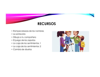 RECURSOS
• Rompecabezas de los nombres
• La entrevista
• Dibuja a tu compañero
• El juego de los zapatos
• La caja de los sentimientos 1
• La caja de los sentimientos 2
• Cambio de siluetas
 