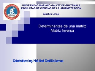 Determinantes de una matriz
Matriz Inversa
Catedrático: Ing. Noé Abel Castillo Lemus
UNIVERSIDAD MARIANO GALVEZ DE GUATEMALA
FACULCTAD DE CIENCIAS DE LA ADMINISTRACIÓN
Algebra Lineal
 