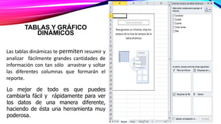 TABLAS Y GRÁFICO
DINÁMICOS
Las tablas dinámicas te permiten resumir y
analizar fácilmente grandes cantidades de
información con tan sólo arrastrar y soltar
las diferentes columnas que formarán el
reporte.
Lo mejor de todo es que puedes
cambiarla fácil y rápidamente para ver
los datos de una manera diferente,
haciendo de ésta una herramienta muy
poderosa.
 